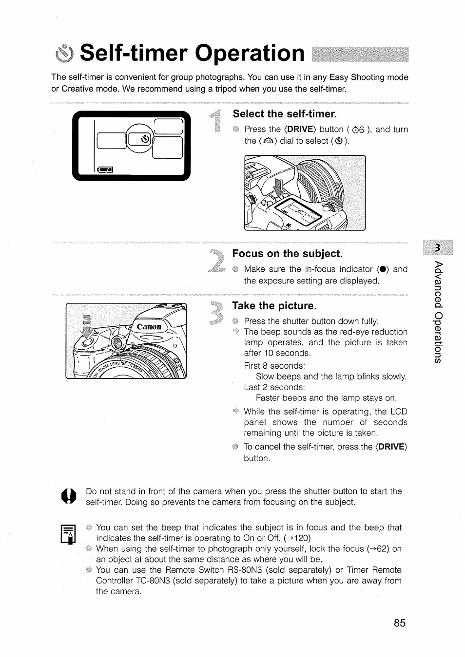 Self-timer operation, Select the self-timer, Focus on the subject | Take the picture, Q self-timer qperation | Canon EOS D30 User Manual | Page 85 / 151