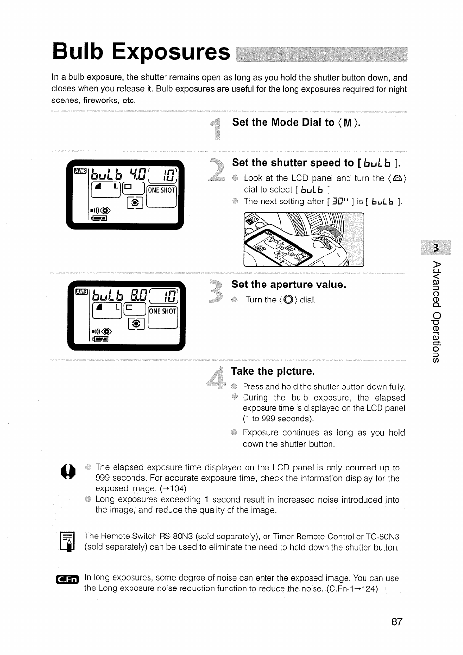 Bulb exposures, Set the mode dial to (m), Set the shutter speed to [ bulb | Set the aperture value, Take the picture | Canon EOS D30 User Manual | Page 87 / 151