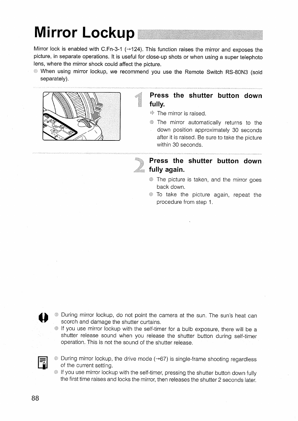 Mirror lockup, Press the shutter button down fully, Press the shutter button down fully again | Canon EOS D30 User Manual | Page 88 / 151