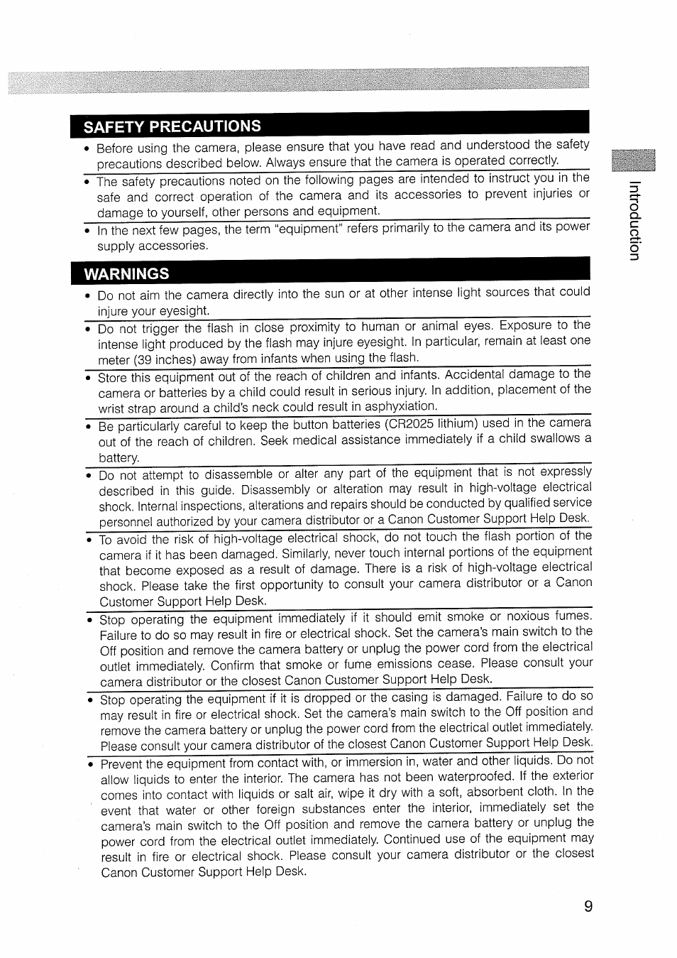 Warnings, Safety precautions | Canon EOS D30 User Manual | Page 9 / 151