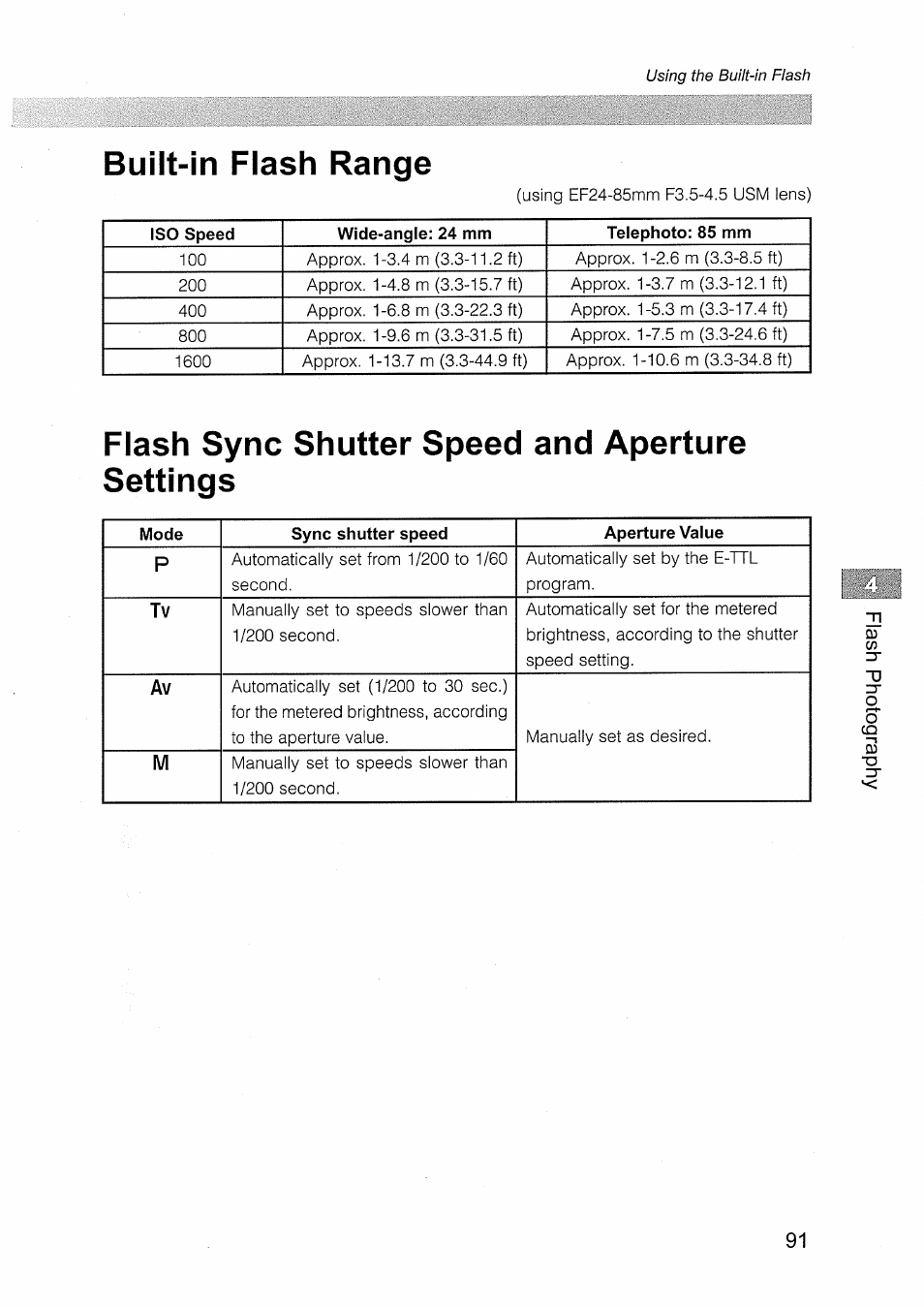 Built-in flash range, Flash sync shutter speed and aperture settings | Canon EOS D30 User Manual | Page 91 / 151