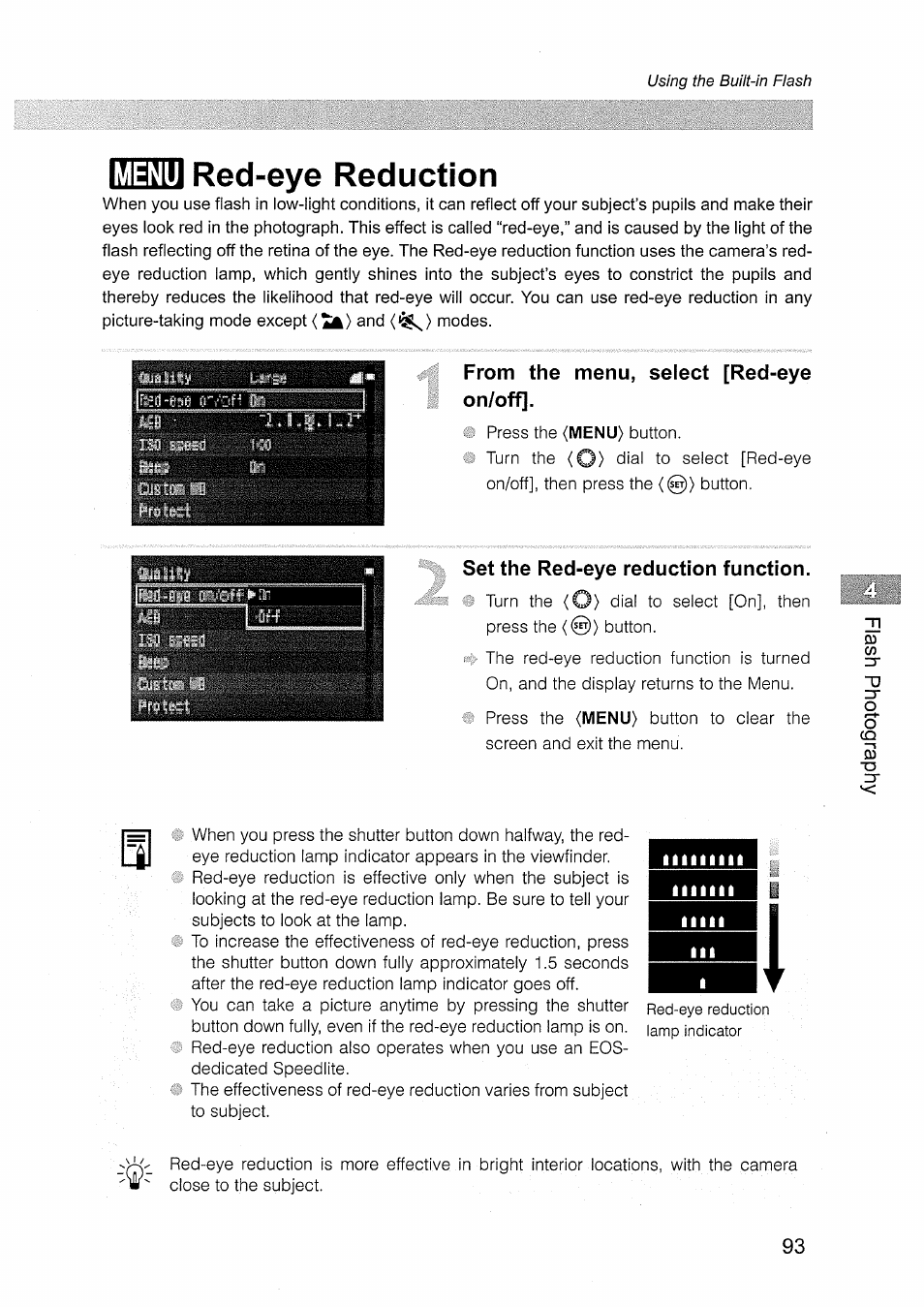 Menu, Red-eye reduction, From the menu, select [red-eye on/off | Set the red-eye reduction function, Imin red-eye reduotion | Canon EOS D30 User Manual | Page 93 / 151