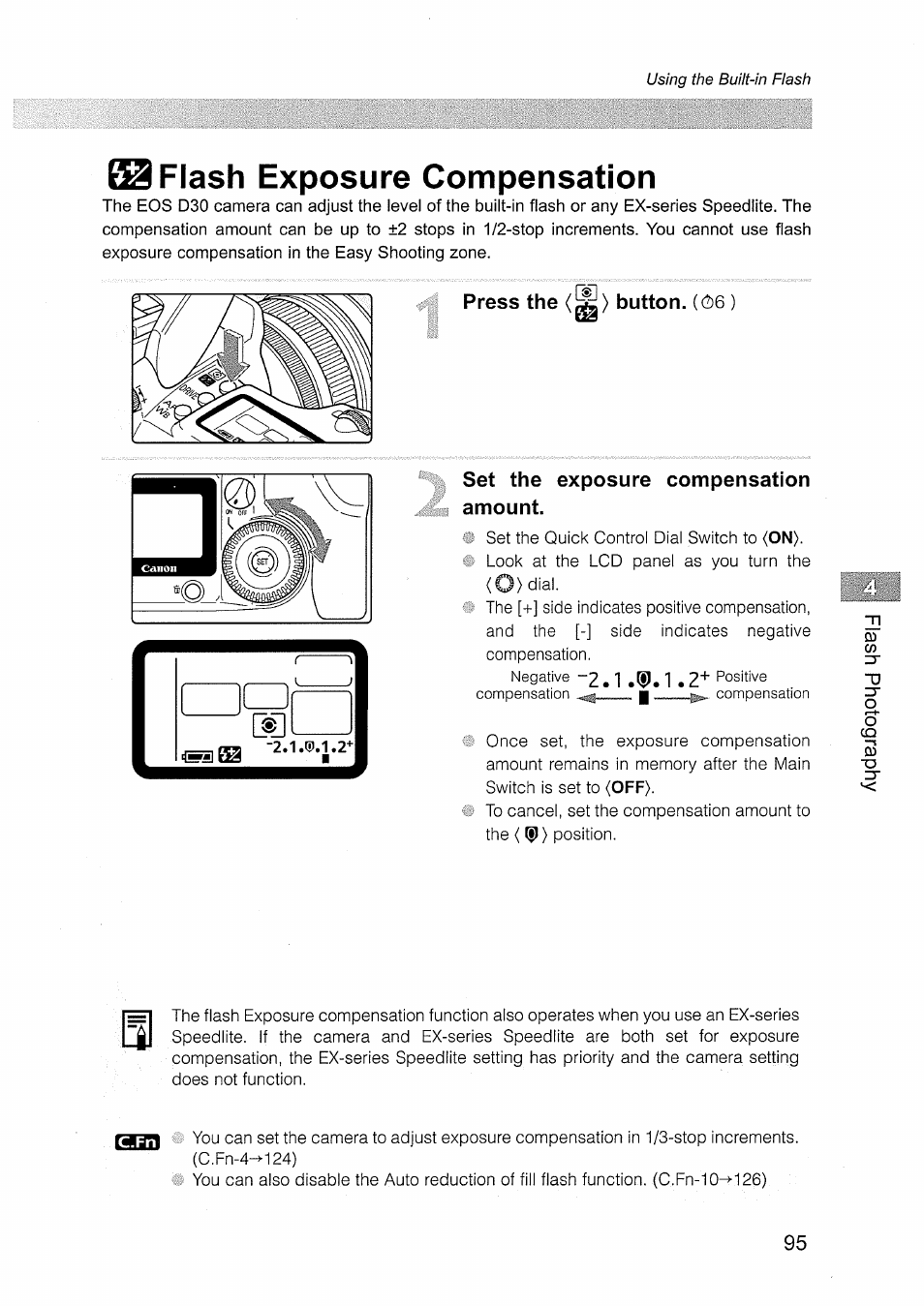Flash exposure compensation, Press the <^> button. (06 ), Set the exposure compensation amount | O) dial, Press the <^> button | Canon EOS D30 User Manual | Page 95 / 151