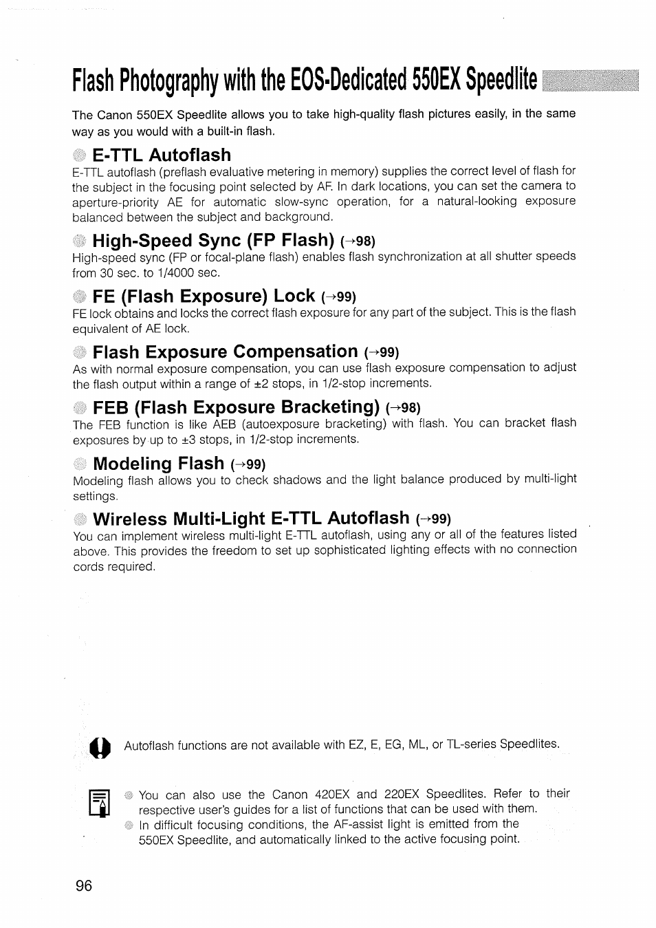 E-ttl autoflash, High-speed sync (fp flash) (^98), Fe (flash exposure) lock (^99) | Flash exposure compensation (^99), Feb (flash exposure bracketing) (^98), Modeling flash (^99), Wireless multi-light e-ttl autoflash (^99), Modeling flash | Canon EOS D30 User Manual | Page 96 / 151