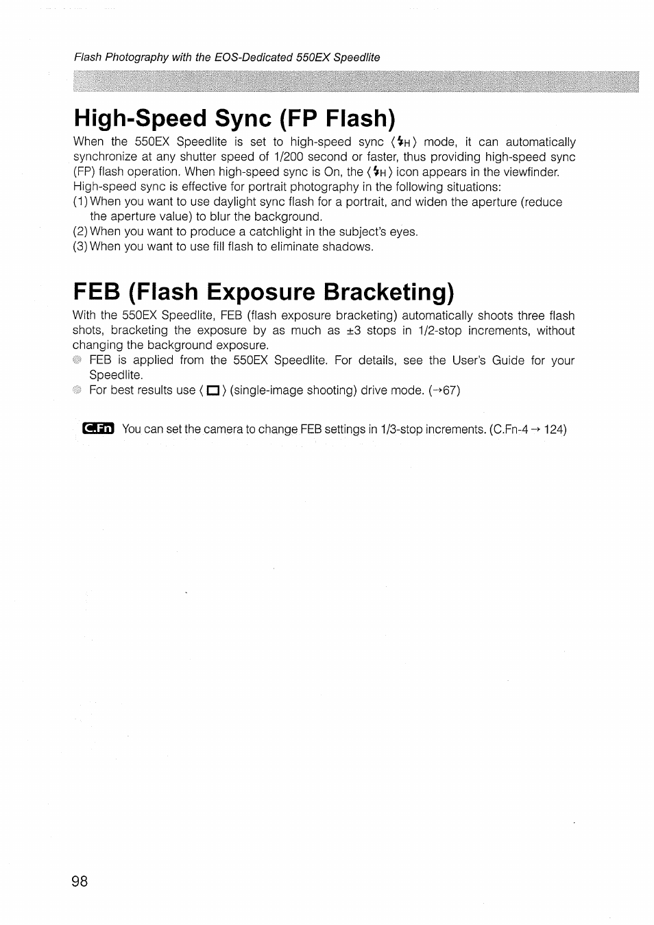 High-speed sync (fp flash), Feb (flash exposure bracketing) | Canon EOS D30 User Manual | Page 98 / 151