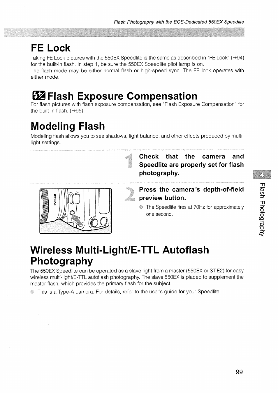 Fe lock, Flash exposure compensation, Modeling flash | Press the camera’s depth-of-field preview button, Wireless multi-light/e-ttl autoflash photography | Canon EOS D30 User Manual | Page 99 / 151