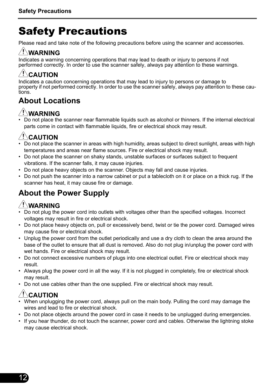 Safety precautions, About locations, About the power supply | Canon 5600F User Manual | Page 14 / 16