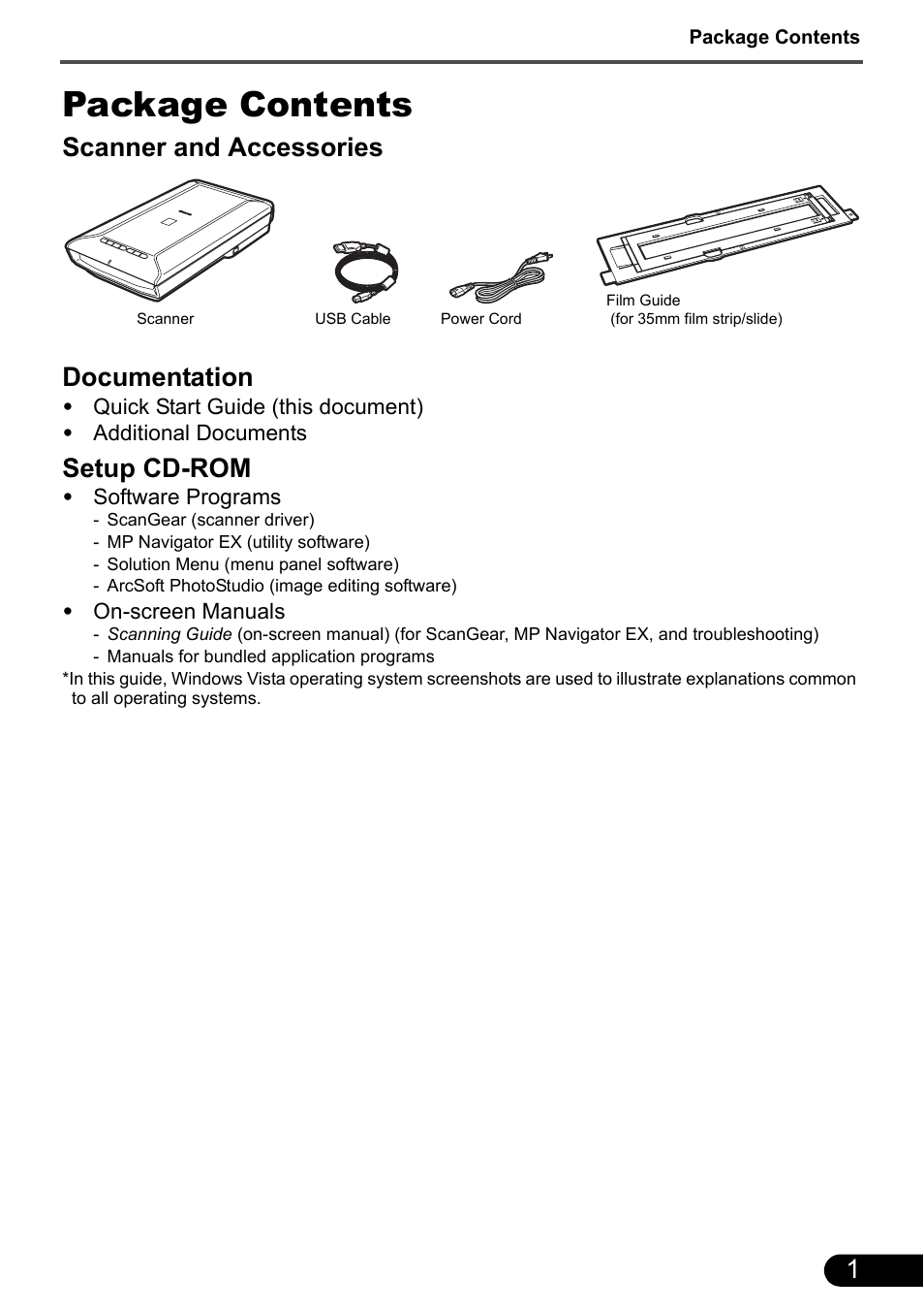 Package contents, Scanner and accessories documentation, Setup cd-rom | Canon 5600F User Manual | Page 3 / 16