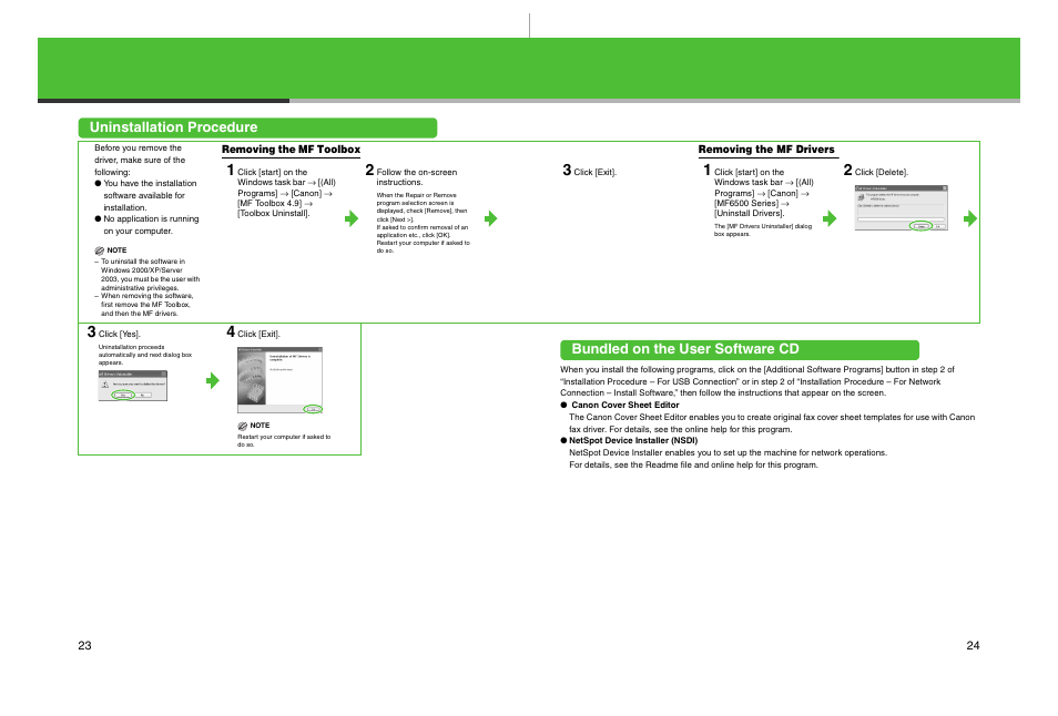 Uninstallation procedure, Bundled on the user software cd | Canon imageCLASS MF6500 Series User Manual | Page 13 / 16