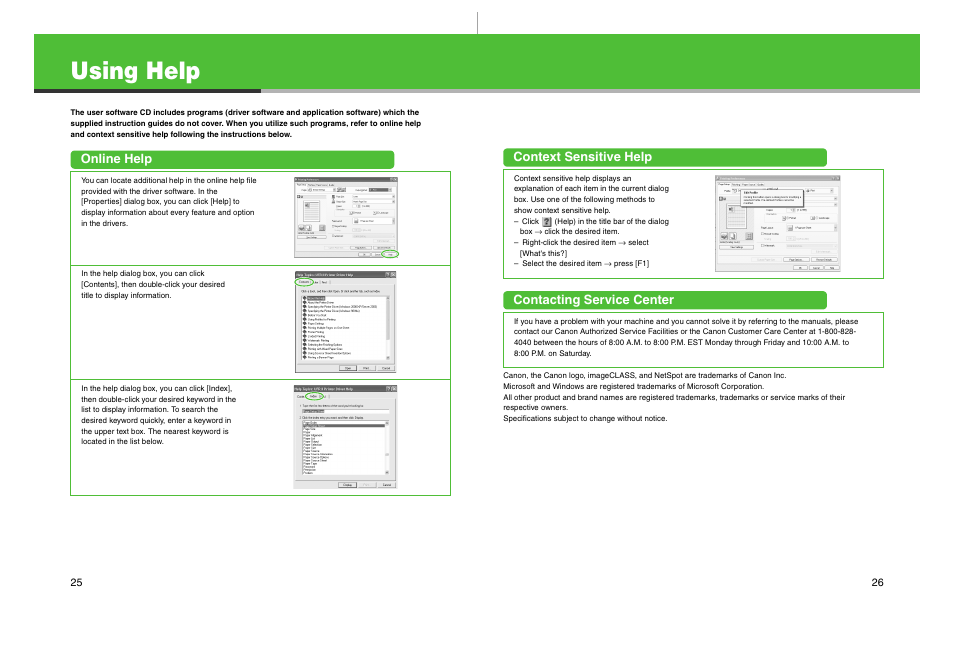 Using help, Online help, Context sensitive help | Contacting service center | Canon imageCLASS MF6500 Series User Manual | Page 14 / 16