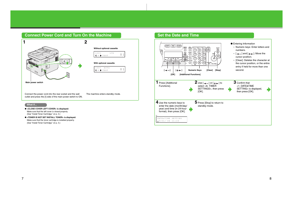 Connect power cord and turn on the machine, Set the date and time | Canon imageCLASS MF6500 Series User Manual | Page 5 / 16