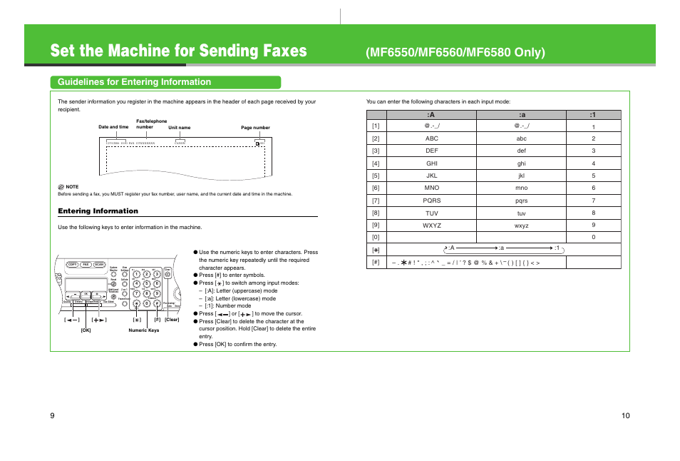 Guidelines for entering information, Set the machine for sending faxes | Canon imageCLASS MF6500 Series User Manual | Page 6 / 16