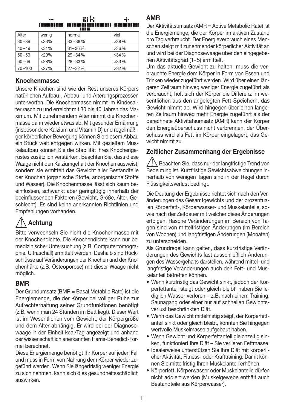 Knochenmasse, Achtung, Zeitlicher zusammenhang der ergebnisse | Beurer BF 100 User Manual | Page 11 / 100