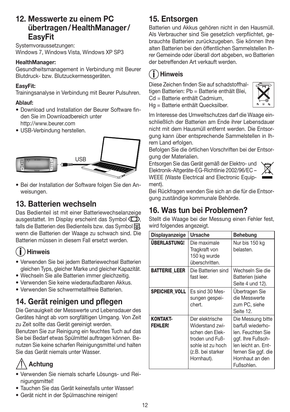 Batterien wechseln, Gerät reinigen und pflegen, Entsorgen | Was tun bei problemen | Beurer BF 100 User Manual | Page 12 / 100