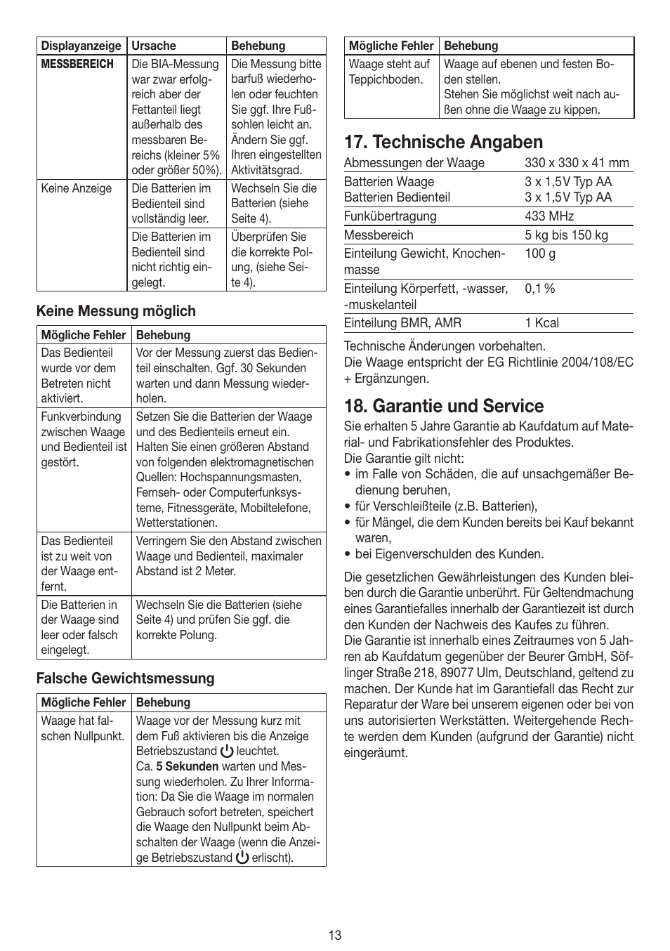 Technische angaben, Garantie und service | Beurer BF 100 User Manual | Page 13 / 100