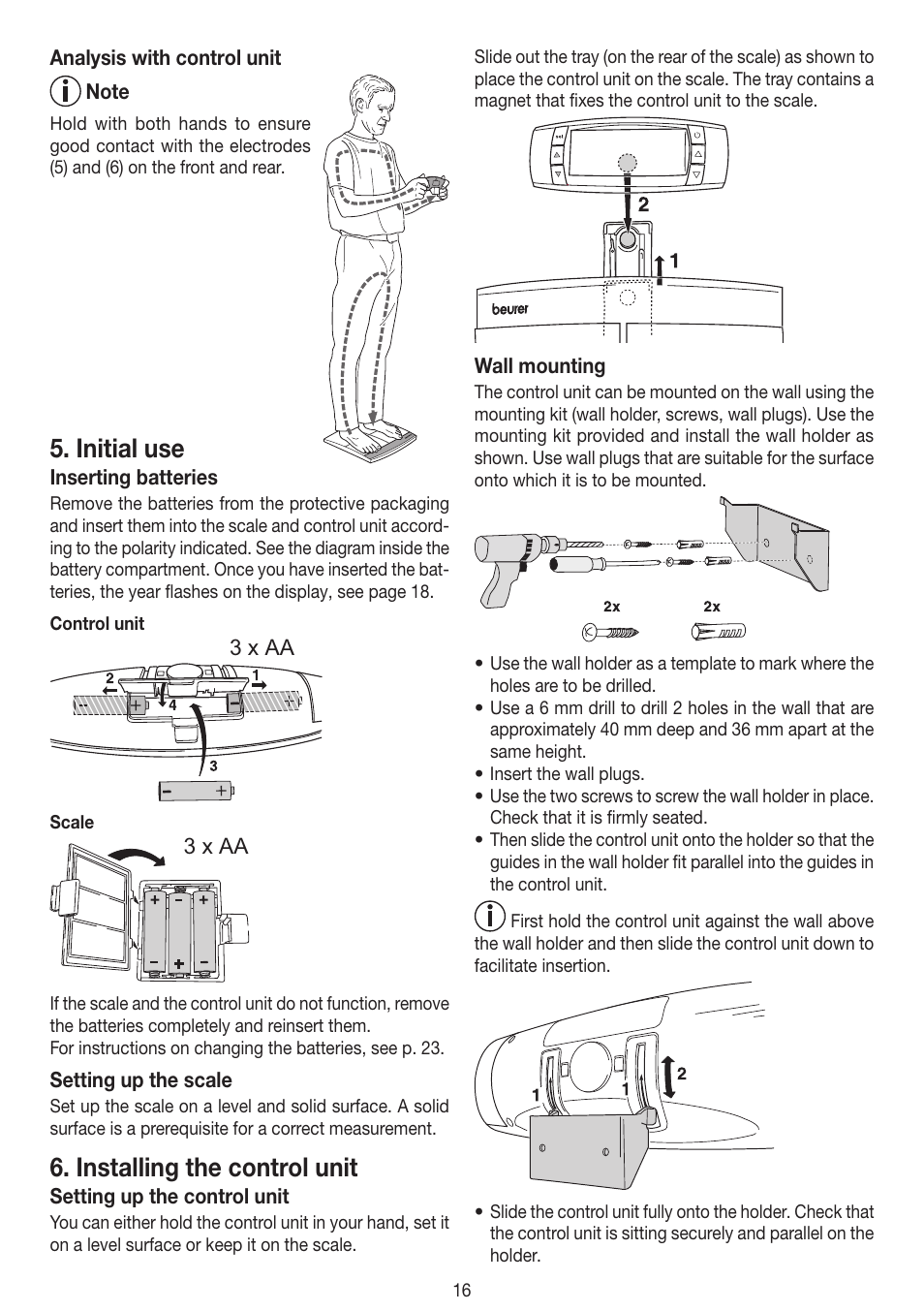 Initial use, Installing the control unit | Beurer BF 100 User Manual | Page 16 / 100