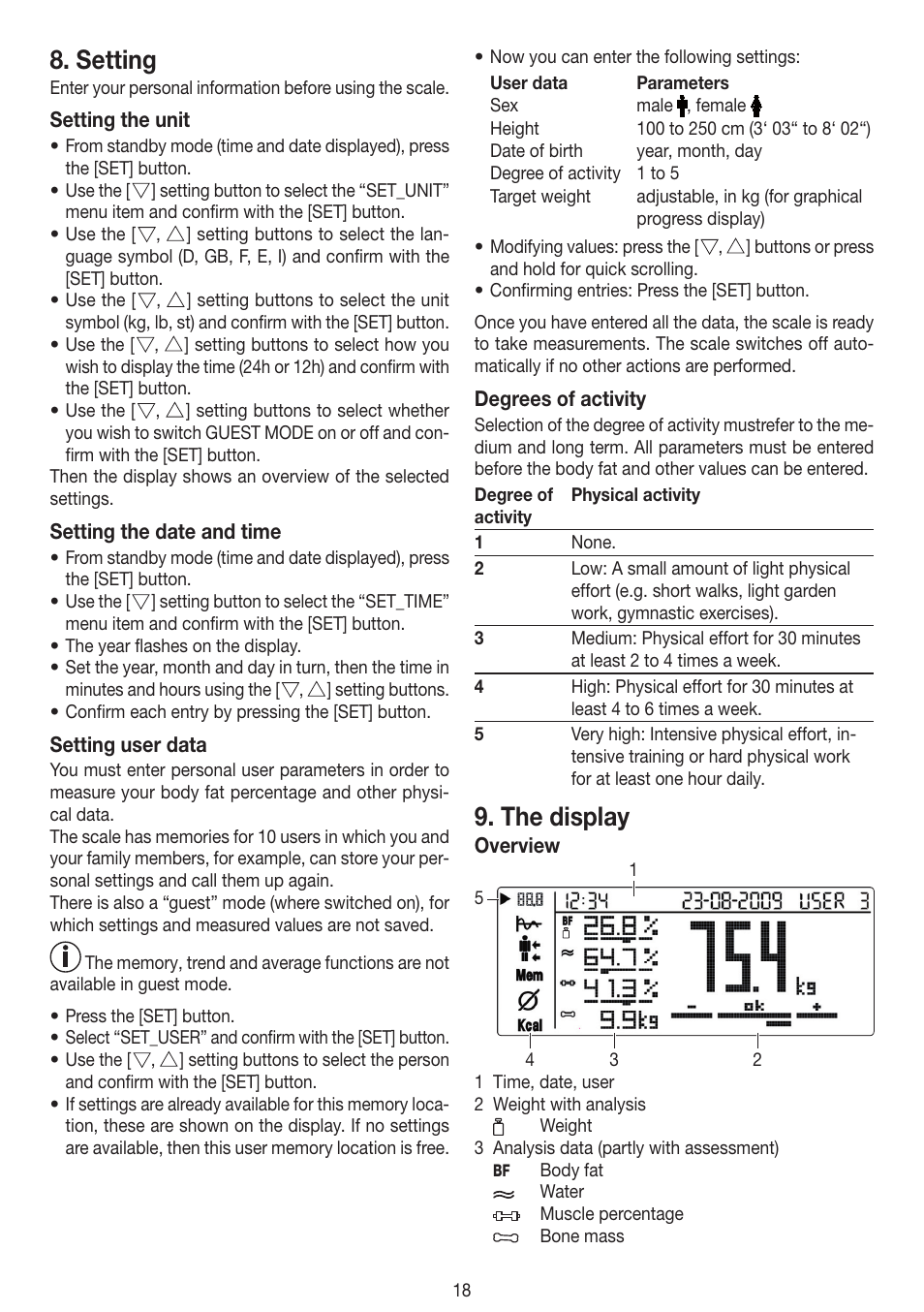 Setting, The display | Beurer BF 100 User Manual | Page 18 / 100