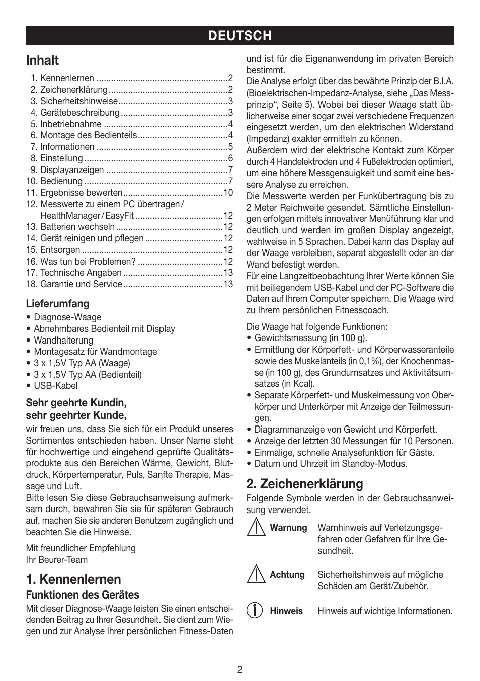 Inhalt, Kennenlernen, Zeichenerklärung | Deutsch | Beurer BF 100 User Manual | Page 2 / 100