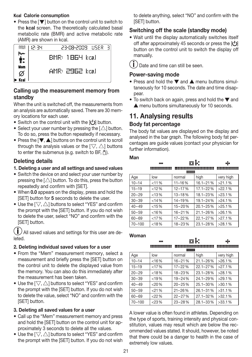 Analysing results, Deleting details, Switching off the scale (standby mode) | Power-saving mode, Body fat percentage | Beurer BF 100 User Manual | Page 21 / 100