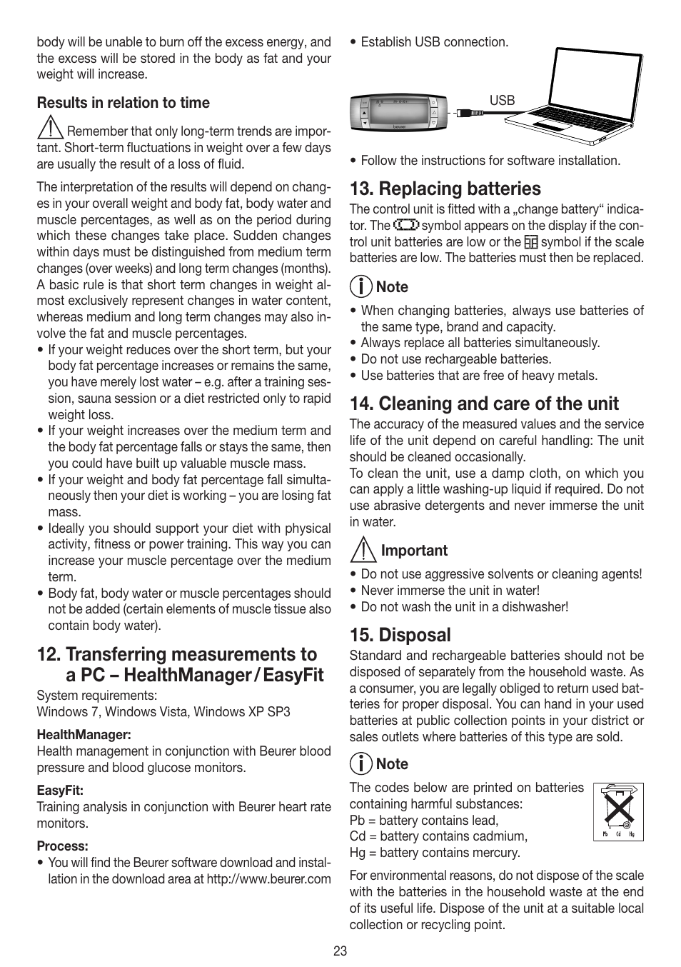 Replacing batteries, Cleaning and care of the unit, Disposal | Beurer BF 100 User Manual | Page 23 / 100