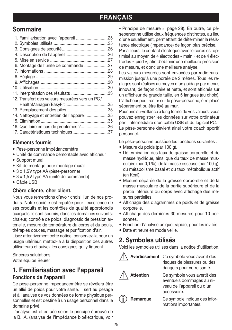 Sommaire, Familiarisation avec l’appareil, Symboles utilisés | Français | Beurer BF 100 User Manual | Page 25 / 100