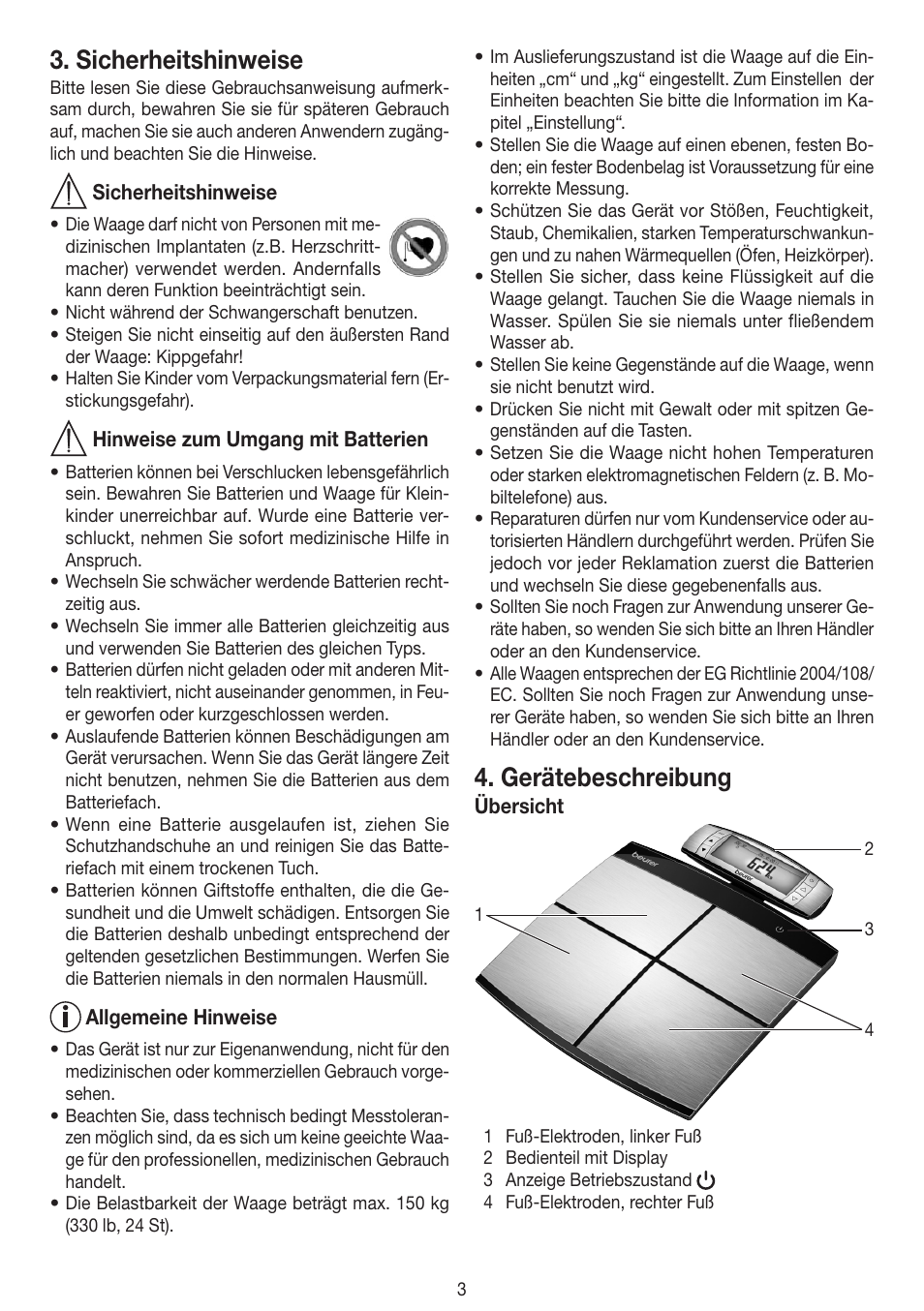 Sicherheitshinweise, Gerätebeschreibung | Beurer BF 100 User Manual | Page 3 / 100