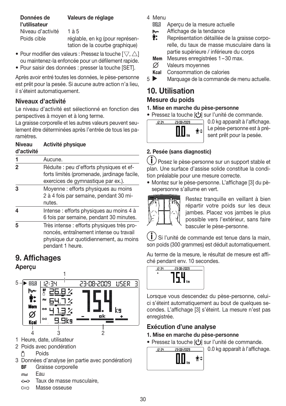 Affichages, Utilisation | Beurer BF 100 User Manual | Page 30 / 100