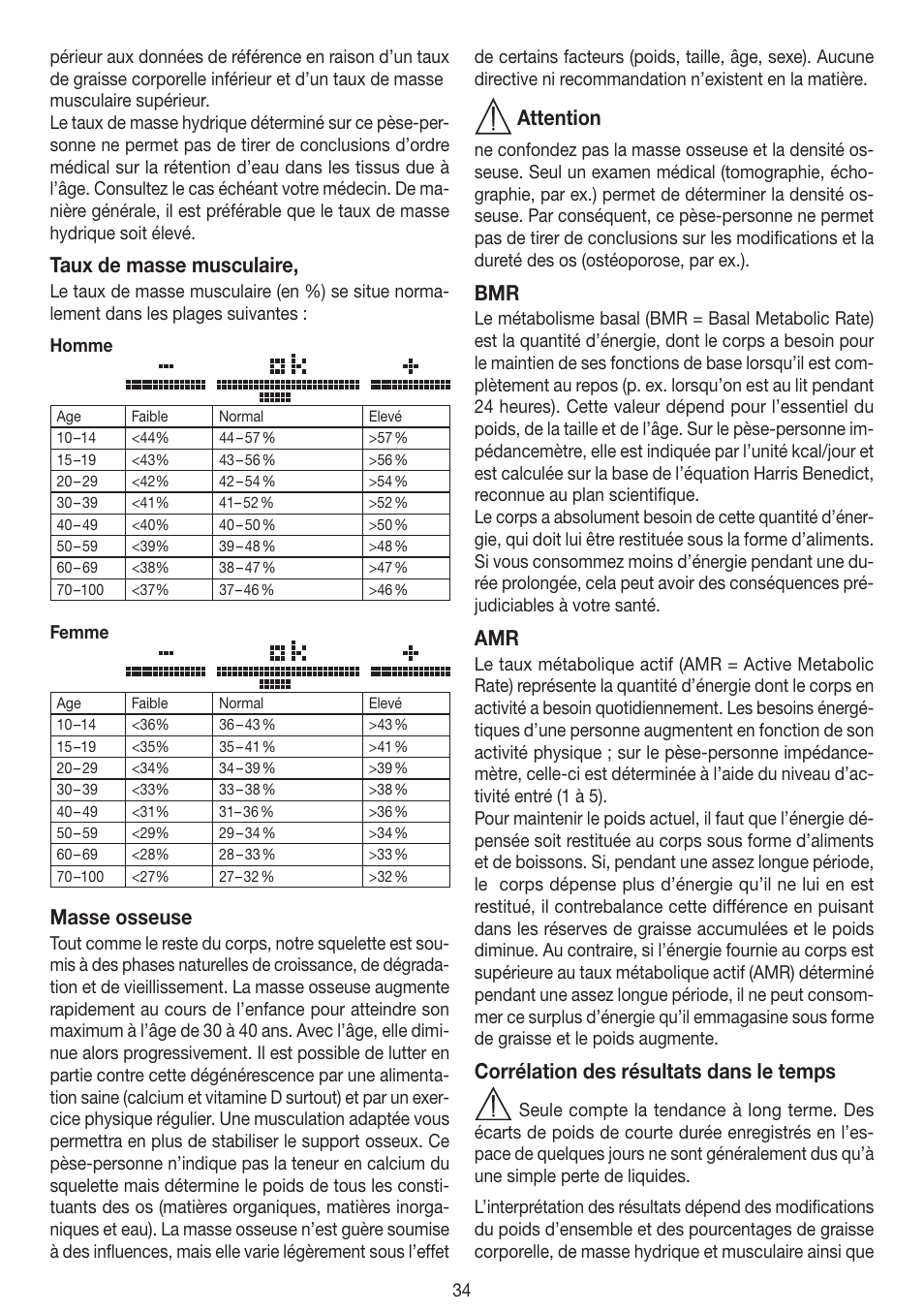 Taux de masse musculaire, Masse osseuse, Attention | Corrélation des résultats dans le temps | Beurer BF 100 User Manual | Page 34 / 100
