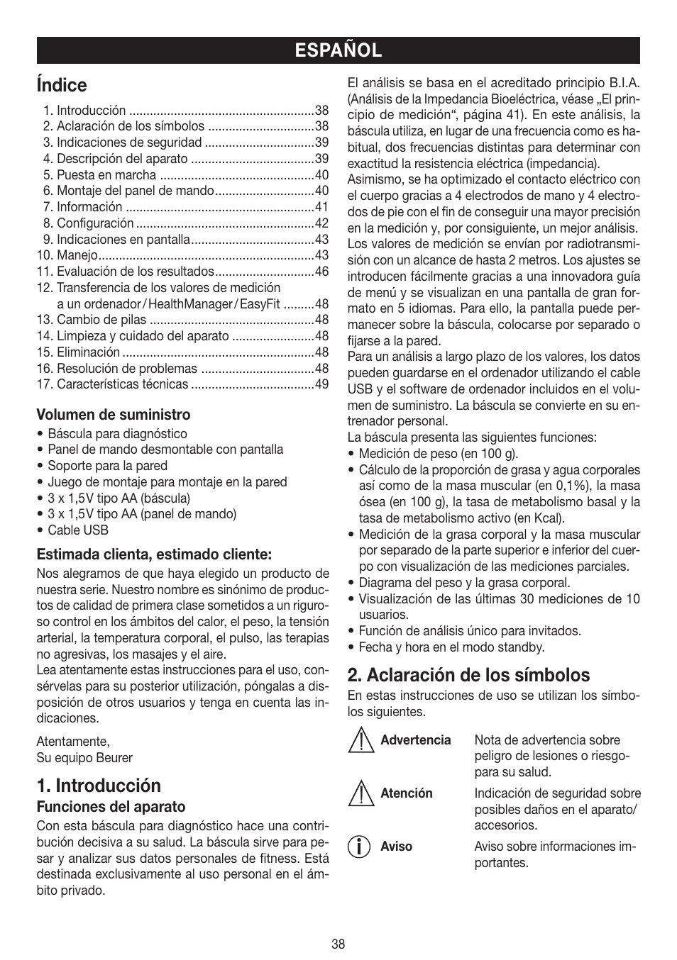 Índice, Introducción, Aclaración de los símbolos | Español | Beurer BF 100 User Manual | Page 38 / 100