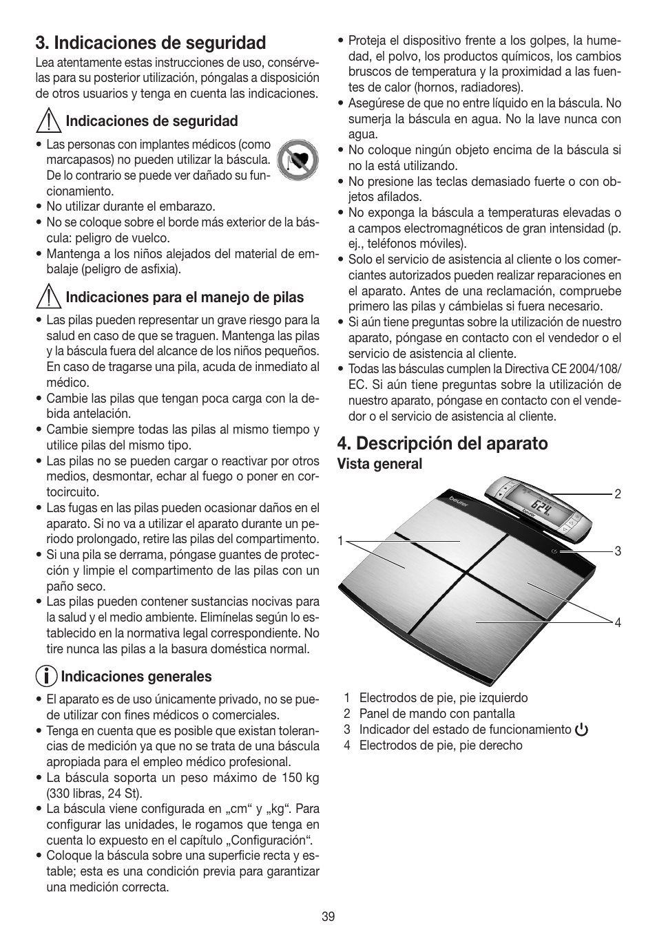 Indicaciones de seguridad, Descripción del aparato | Beurer BF 100 User Manual | Page 39 / 100