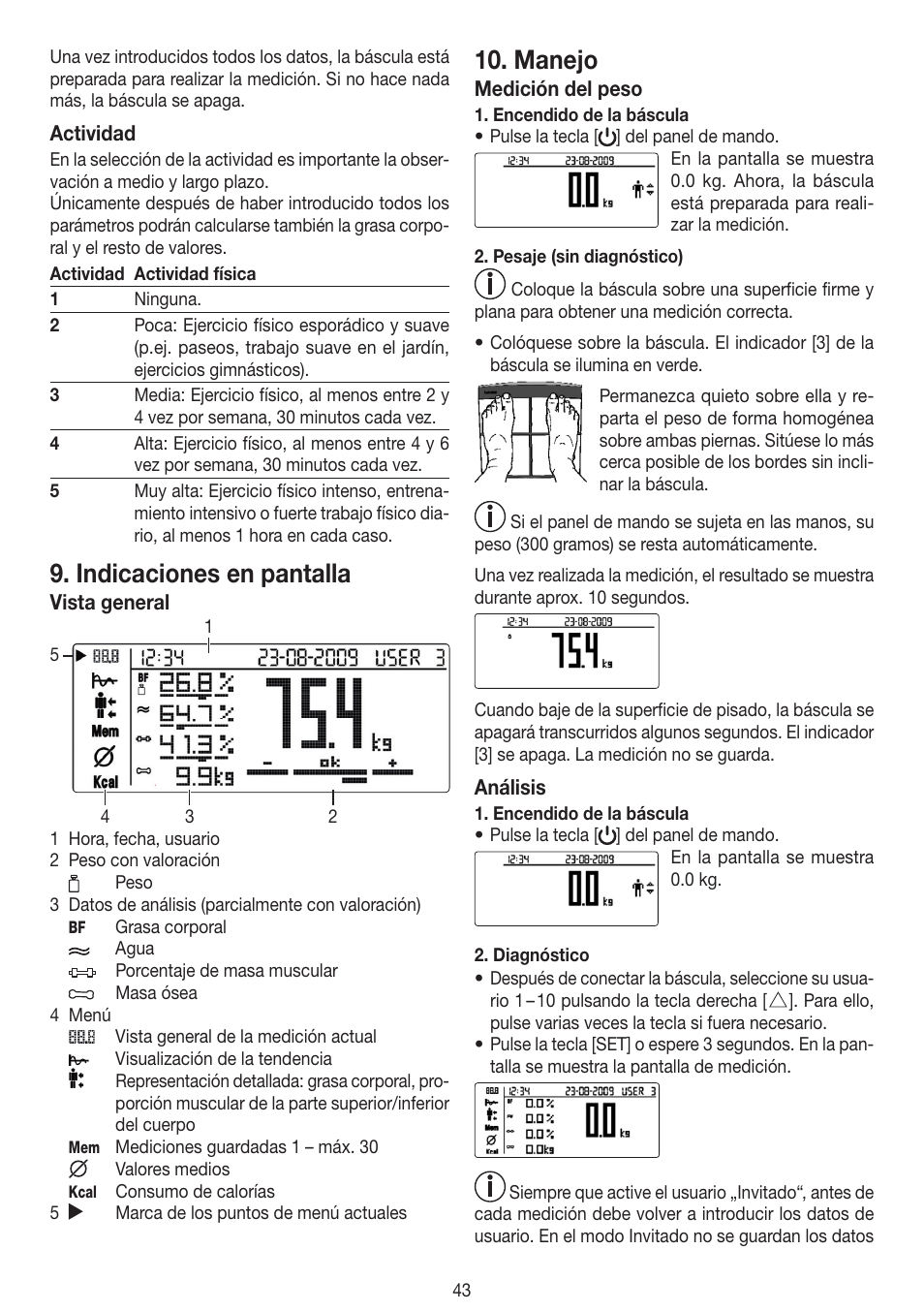 Indicaciones en pantalla, Manejo | Beurer BF 100 User Manual | Page 43 / 100