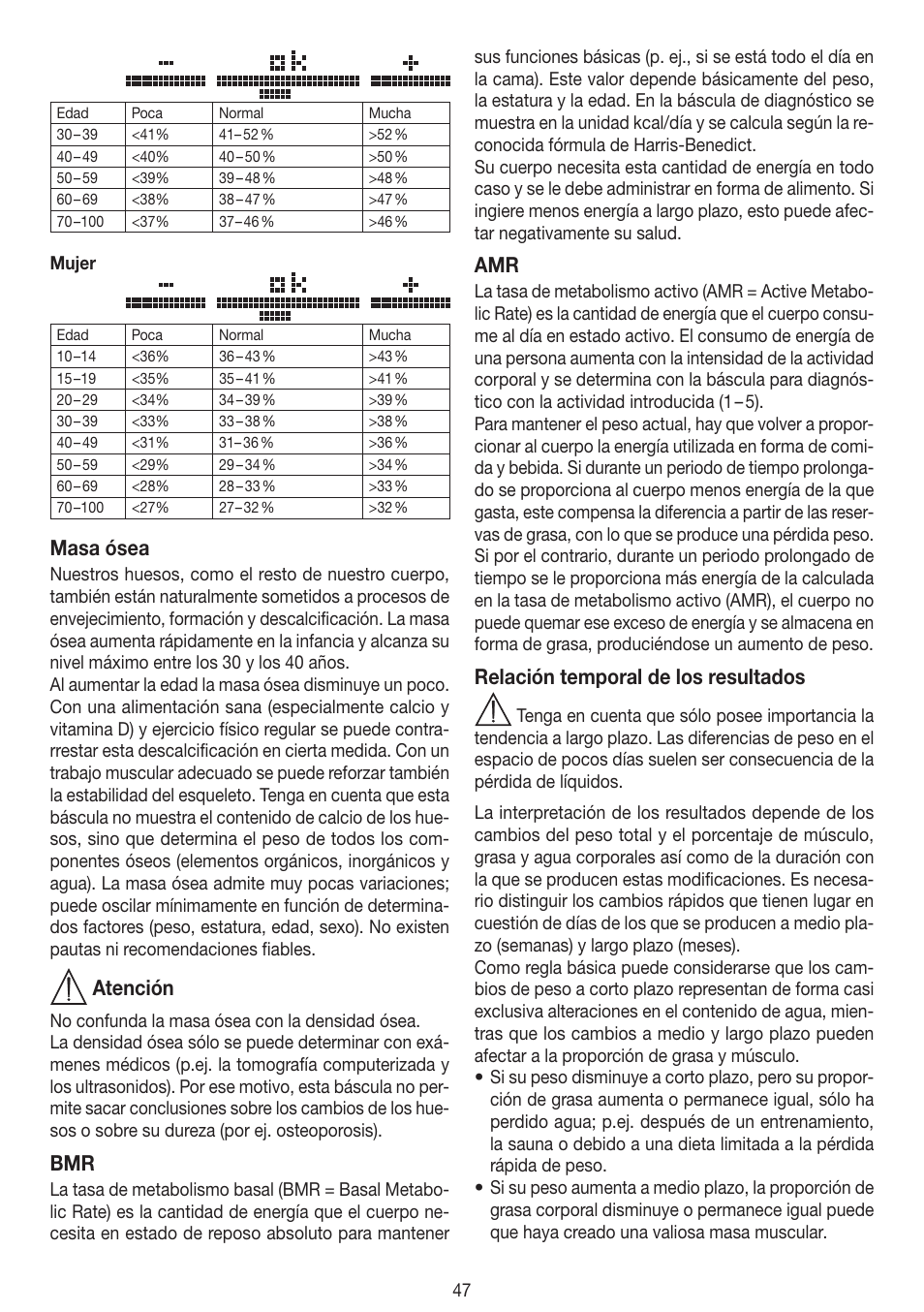 Masa ósea, Atención, Relación temporal de los resultados | Beurer BF 100 User Manual | Page 47 / 100