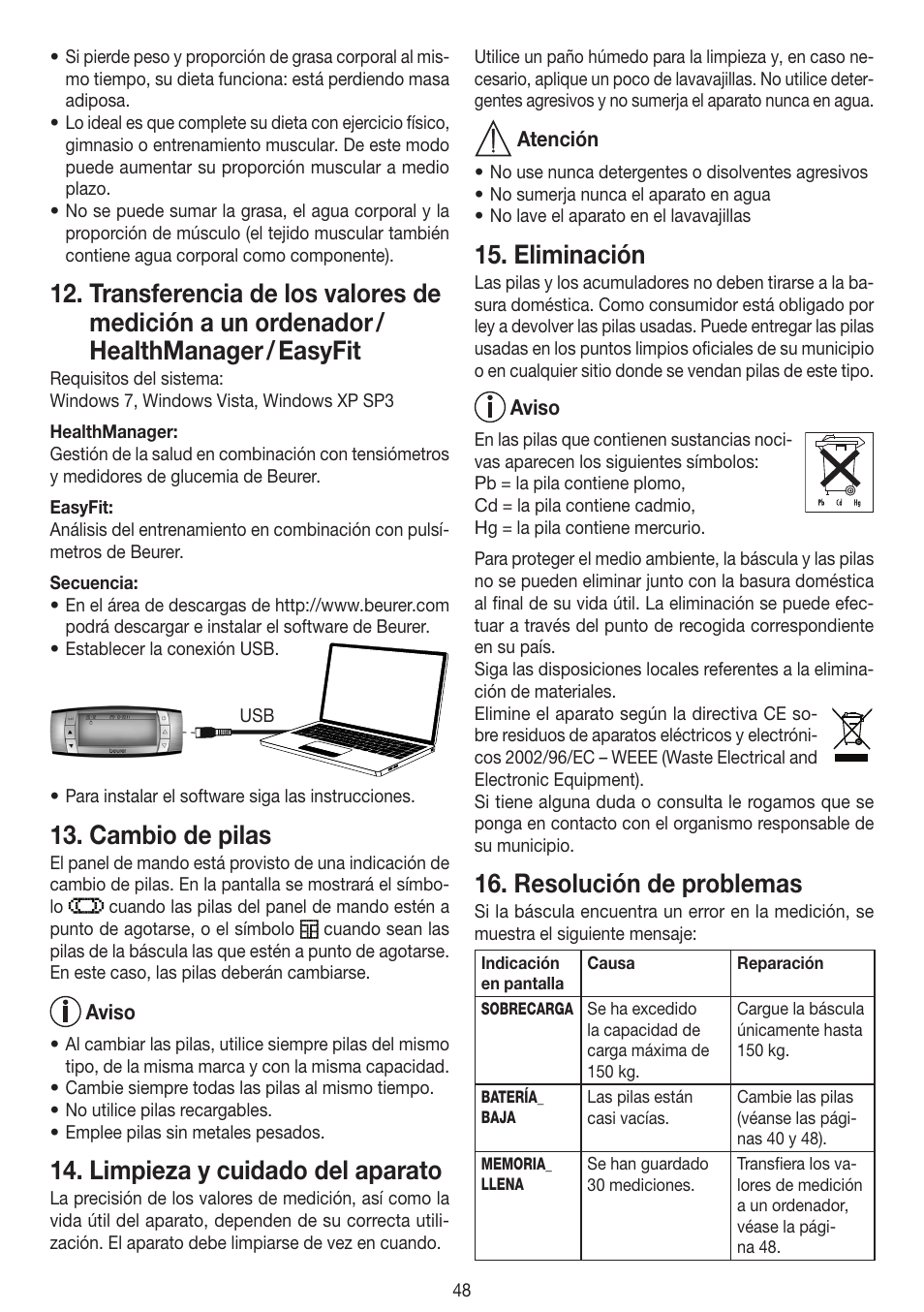 Cambio de pilas, Limpieza y cuidado del aparato, Eliminación | Resolución de problemas | Beurer BF 100 User Manual | Page 48 / 100