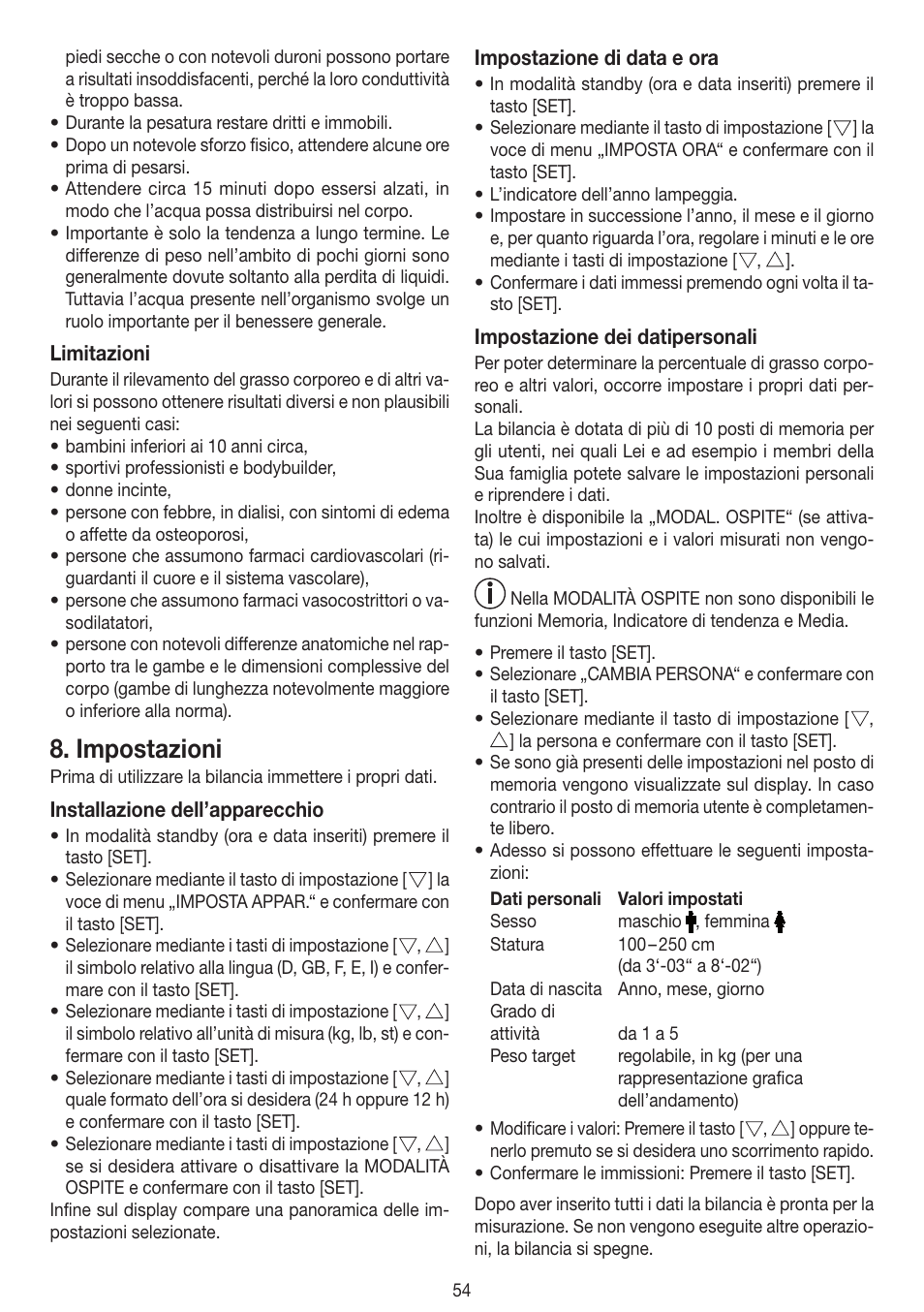 Impostazioni | Beurer BF 100 User Manual | Page 54 / 100