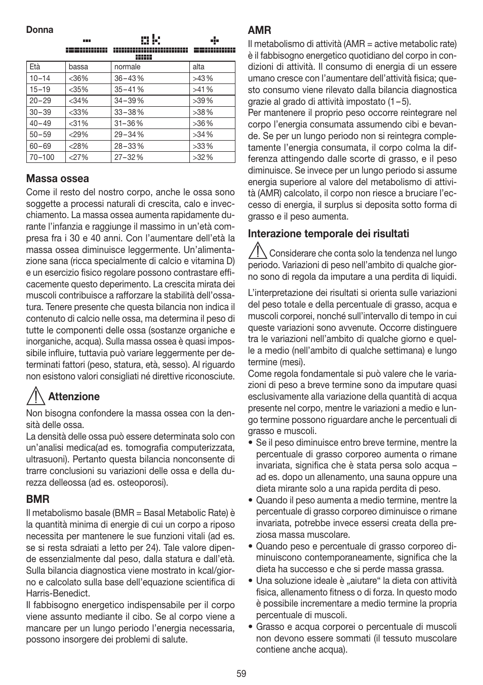 Massa ossea, Attenzione, Interazione temporale dei risultati | Beurer BF 100 User Manual | Page 59 / 100