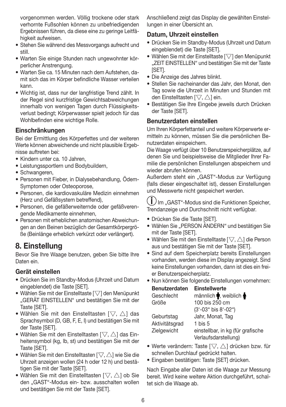 Einstellung | Beurer BF 100 User Manual | Page 6 / 100