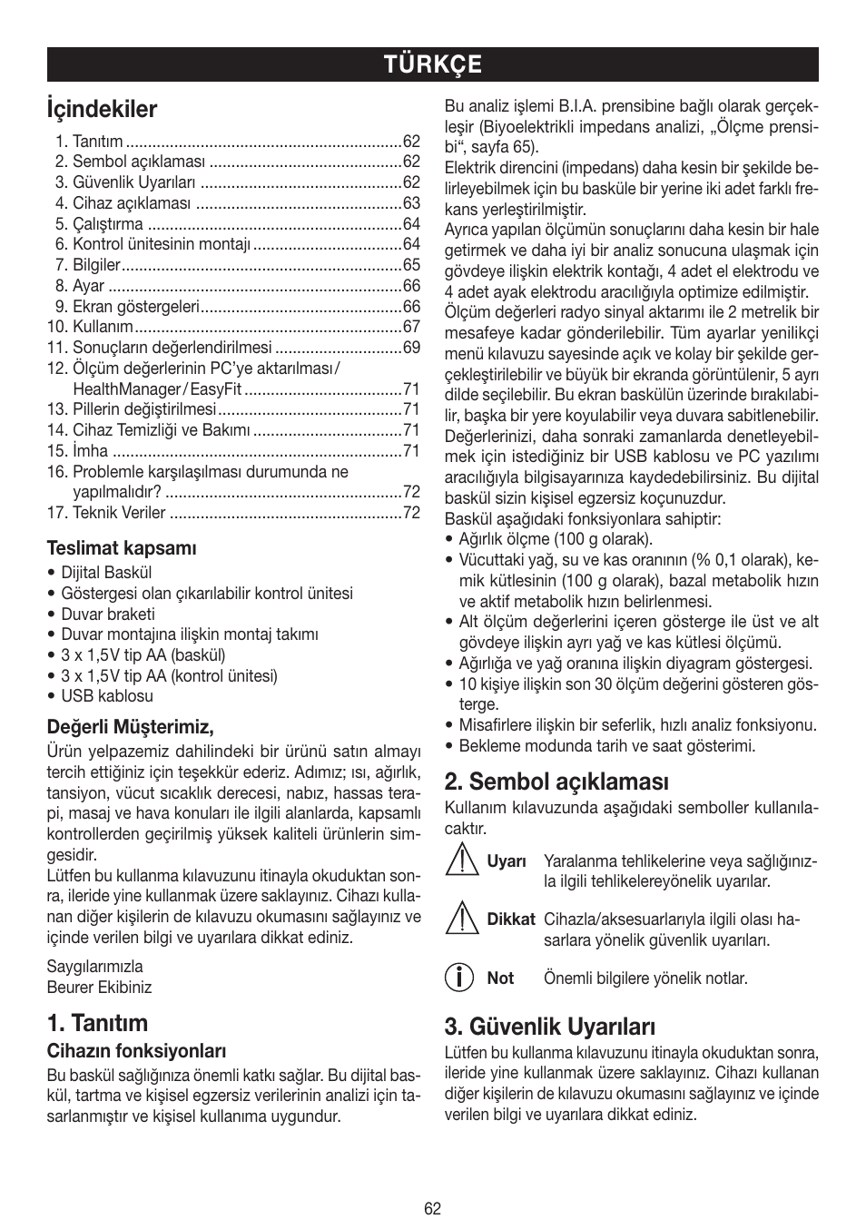 Içindekiler, Tanıtım, Sembol açıklaması | Güvenlik uyarıları, Türkçe | Beurer BF 100 User Manual | Page 62 / 100