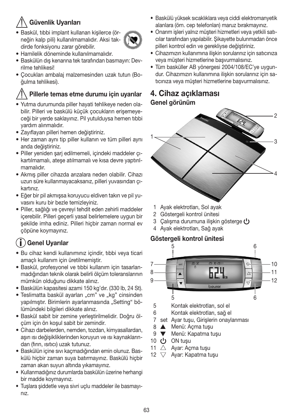 Cihaz açıklaması | Beurer BF 100 User Manual | Page 63 / 100