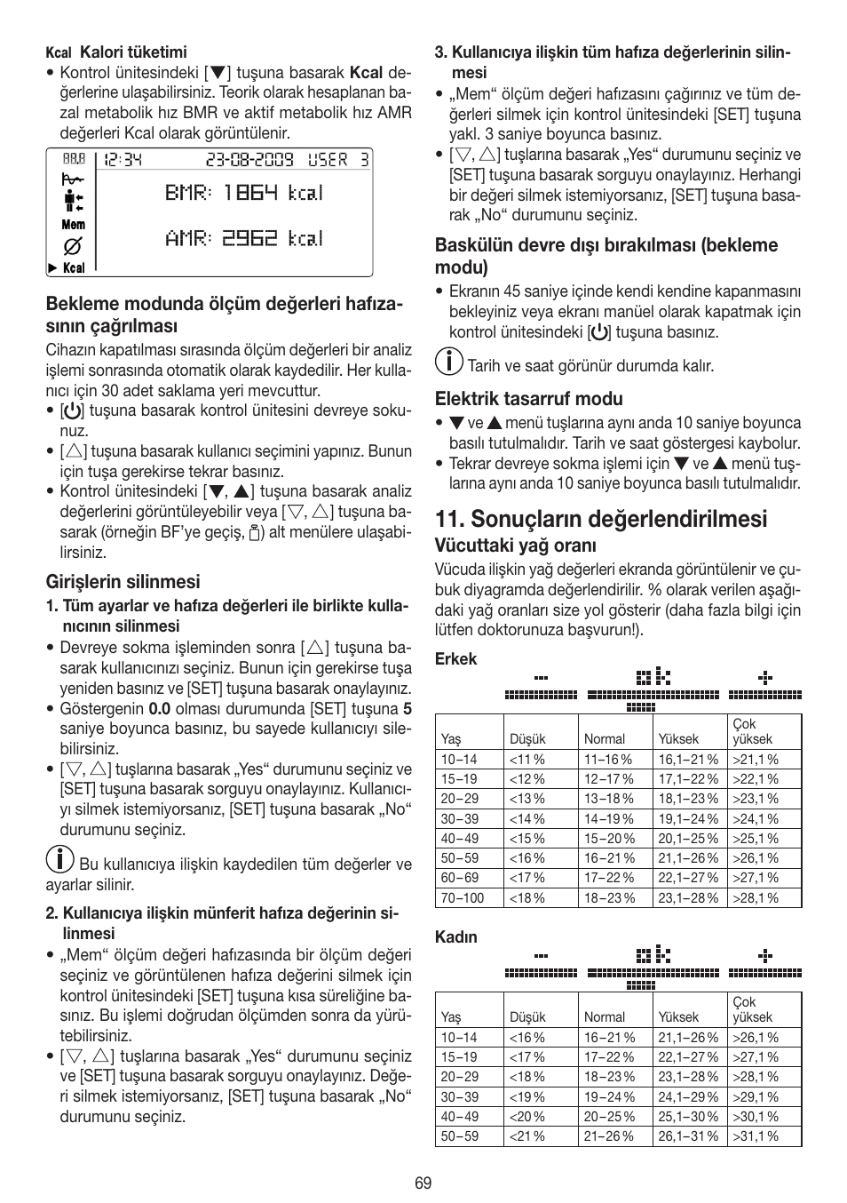 Sonuçların değerlendirilmesi, Girişlerin silinmesi, Baskülün devre dışı bırakılması (bekleme modu) | Elektrik tasarruf modu, Vücuttaki yağ oranı | Beurer BF 100 User Manual | Page 69 / 100