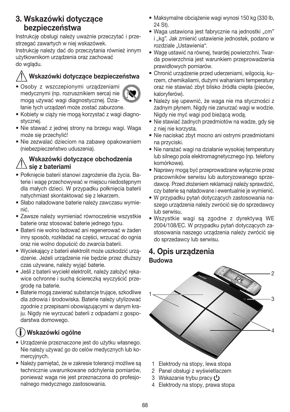 Wskazówki dotyczące bezpieczeństwa, Opis urządzenia | Beurer BF 100 User Manual | Page 88 / 100