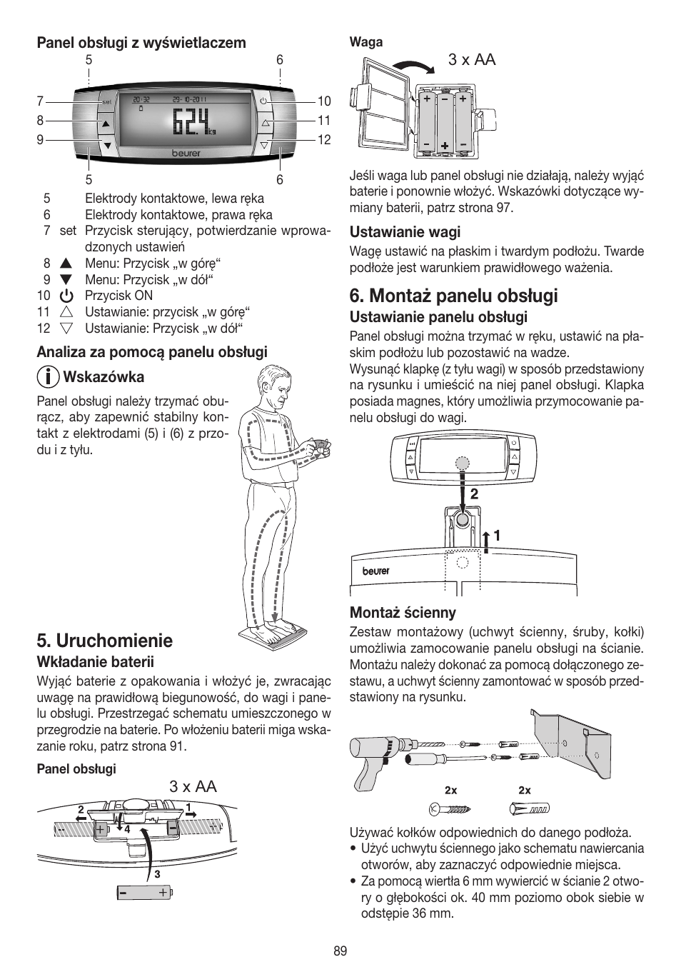 Uruchomienie, Montaż panelu obsługi | Beurer BF 100 User Manual | Page 89 / 100