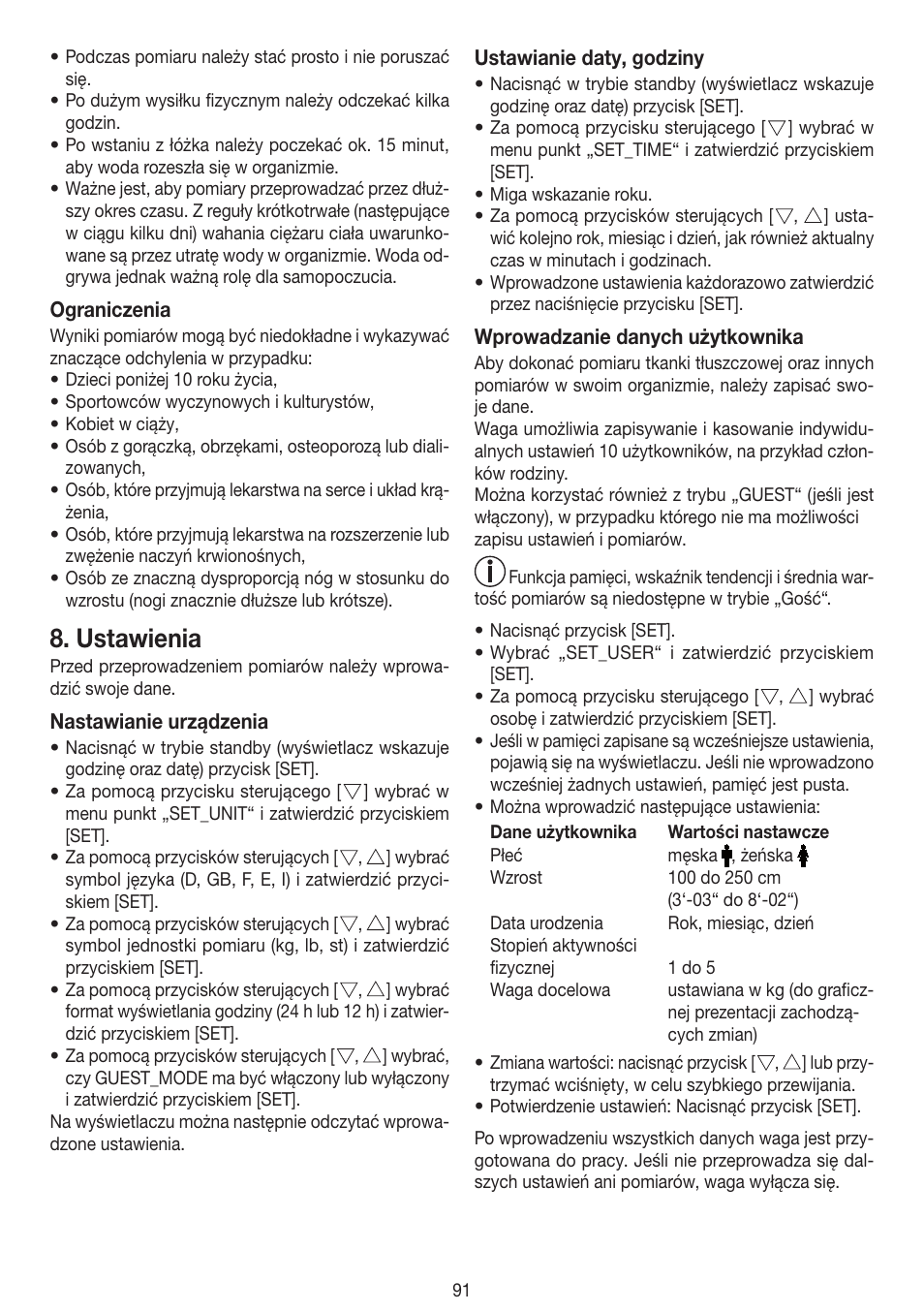 Ustawienia | Beurer BF 100 User Manual | Page 91 / 100