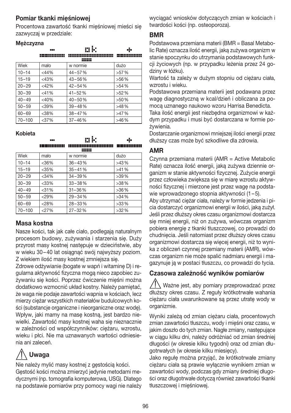 Pomiar tkanki mięśniowej, Masa kostna, Uwaga | Czasowa zależność wyników pomiarów | Beurer BF 100 User Manual | Page 96 / 100