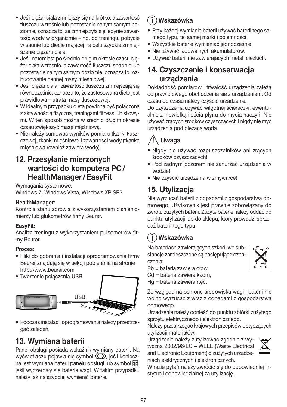 Wymiana baterii, Czyszczenie i konserwacja urządzenia, Utylizacja | Beurer BF 100 User Manual | Page 97 / 100