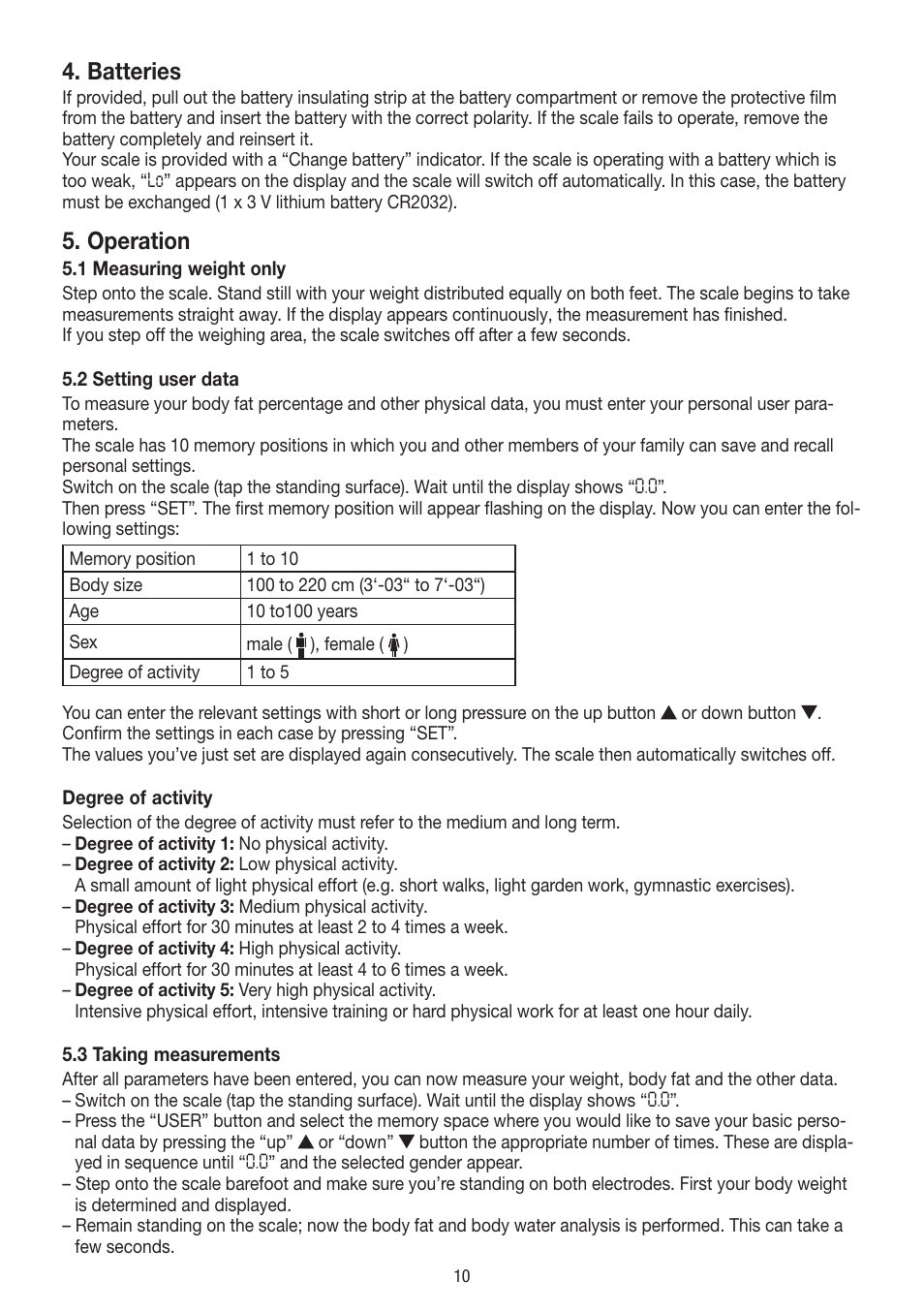 Batteries, Operation | Beurer BF 18 User Manual | Page 10 / 52