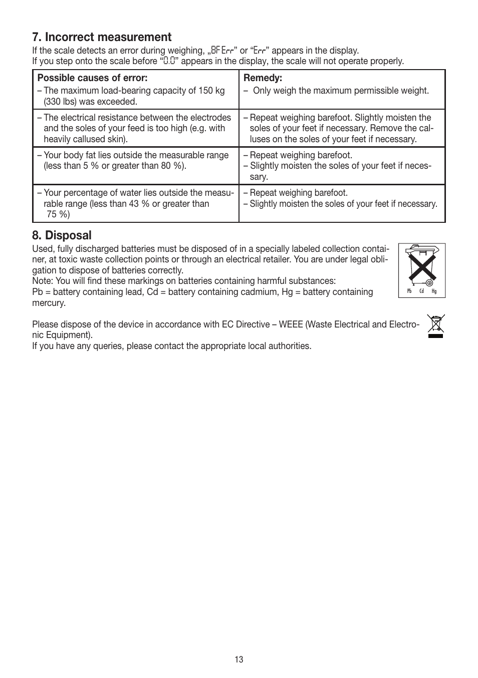 Incorrect measurement, Disposal | Beurer BF 18 User Manual | Page 13 / 52