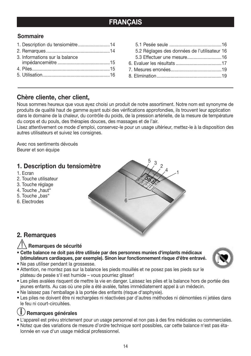 Français, Chère cliente, cher client, Description du tensiomètre | Remarques | Beurer BF 18 User Manual | Page 14 / 52