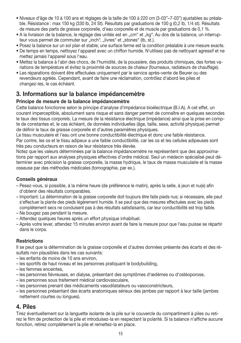 Informations sur la balance impédancemètre, Piles | Beurer BF 18 User Manual | Page 15 / 52