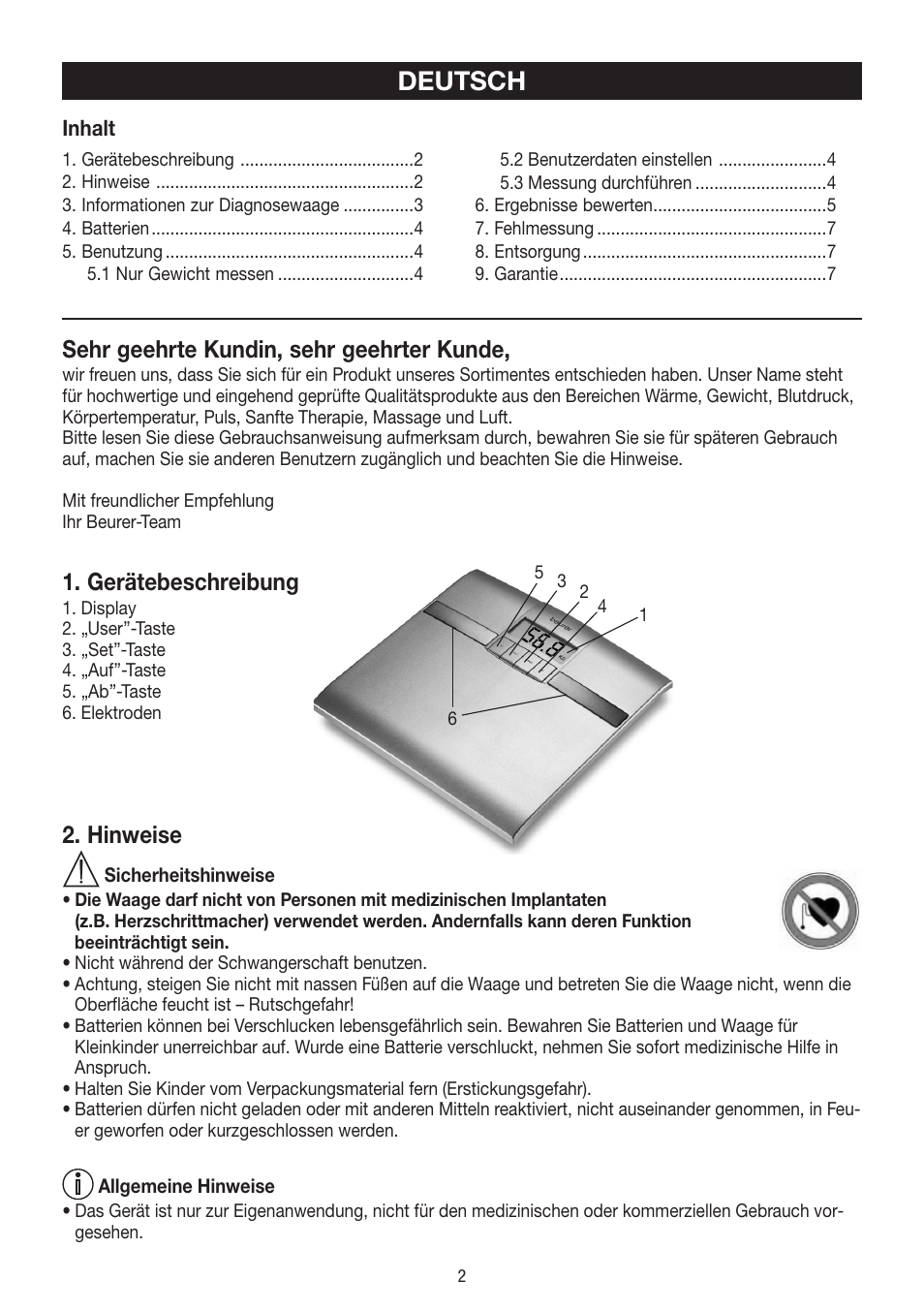 Deutsch, Sehr geehrte kundin, sehr geehrter kunde, Gerätebeschreibung | Hinweise | Beurer BF 18 User Manual | Page 2 / 52