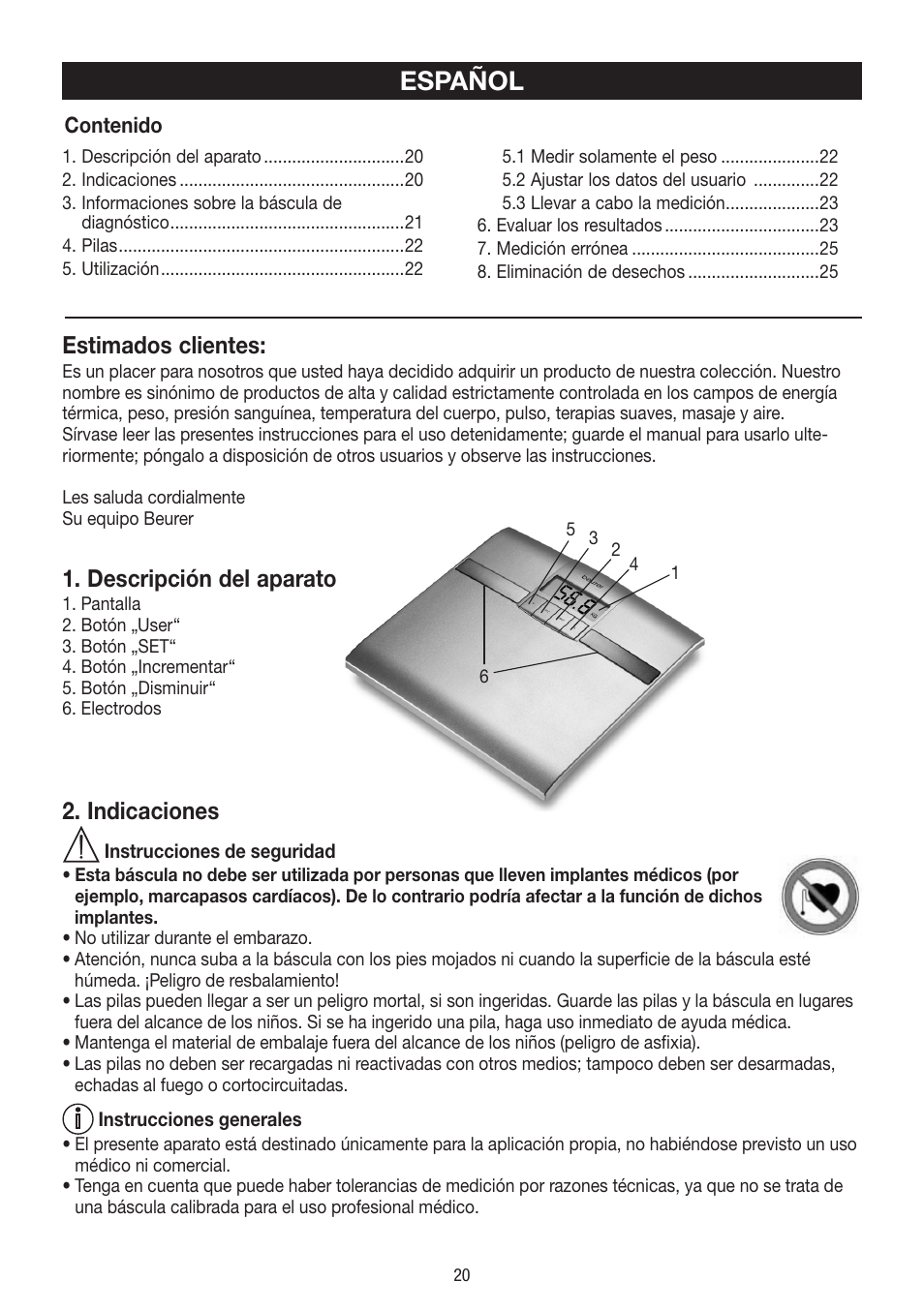 Español, Estimados clientes, Descripción del aparato | Indicaciones | Beurer BF 18 User Manual | Page 20 / 52